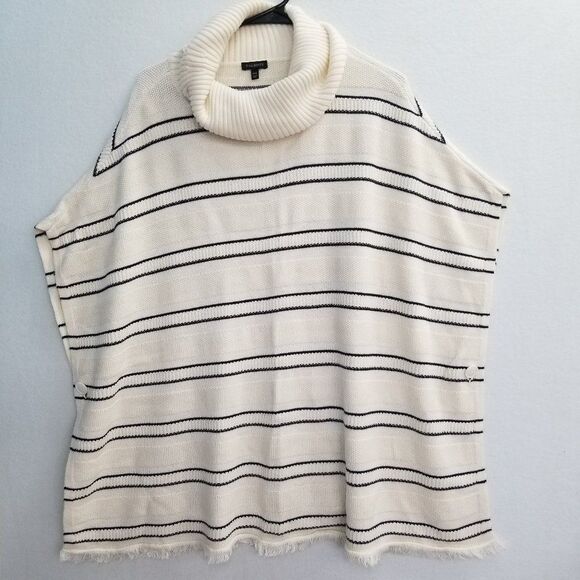 Talbots Women's Sweater Shawl Size M/L Poncho Knit Cape Fringe Blue White - Picture 3 of 9